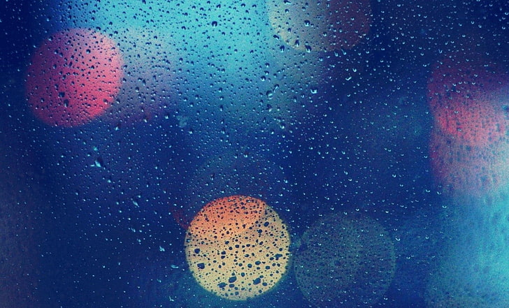 bokeh lights, window, backgrounds, blue, abstract, raindrop, weather, HD wallpaper