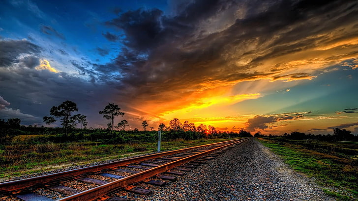 train tracks, sunset, horizon, HD wallpaper
