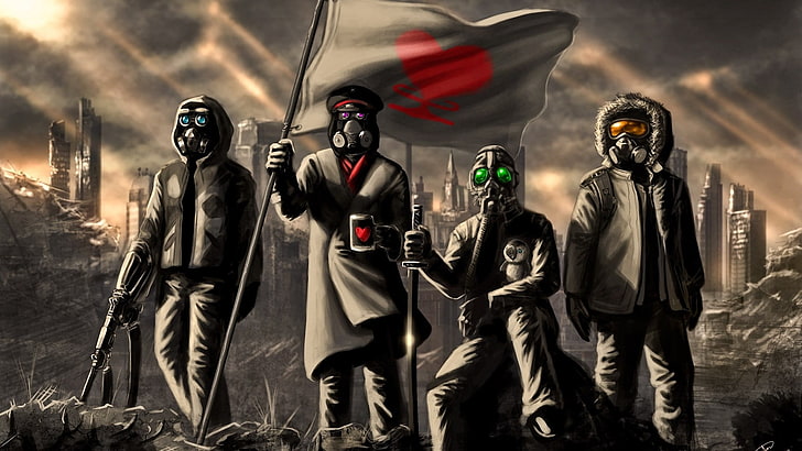 four soldiers holding flag wallpaper, gas masks, anime, Gone with the Blastwave, HD wallpaper
