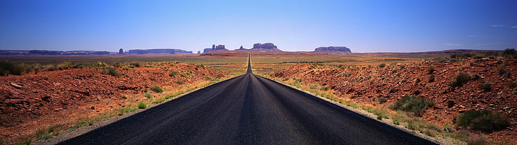 black asphalt road, nature, landscape, multiple display, desert, HD wallpaper
