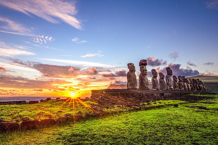 moai sunrise easter island statue chile rapa nui grass sea blue yellow green nature landscape