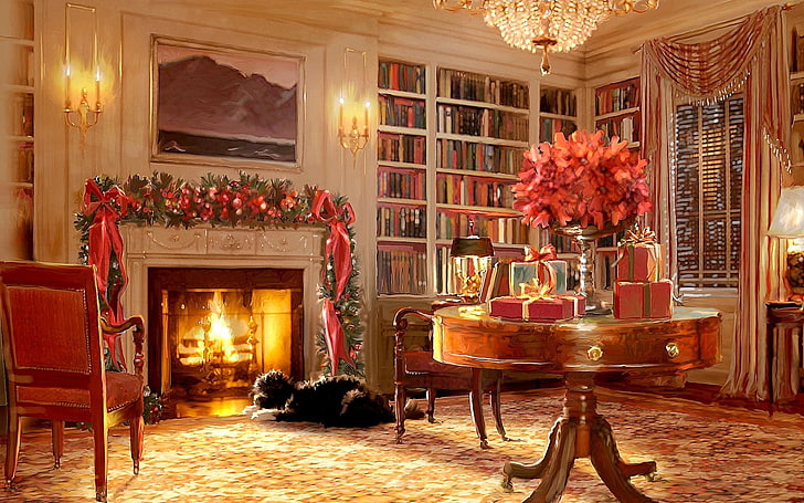 adult black toy poodle near the fireplace illustration, Holiday
