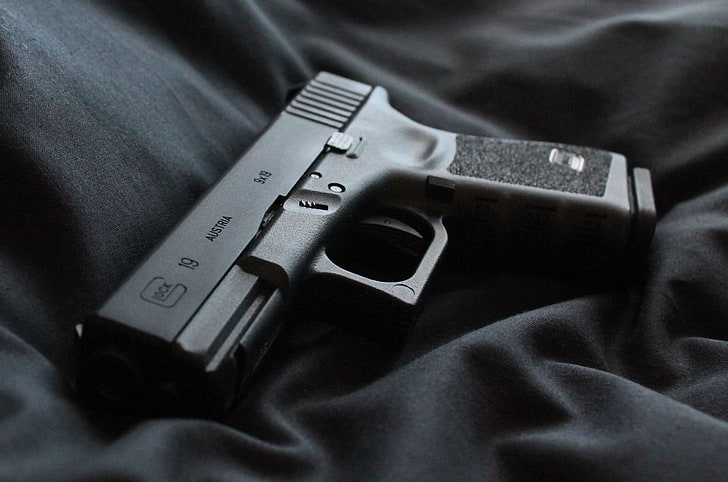 glock 19, indoors, gun, close-up, textile, communication, bed