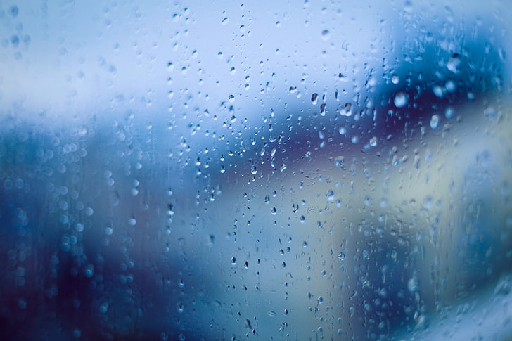 rain, window, clouds, water drops, blue, water on glass, wet, HD wallpaper