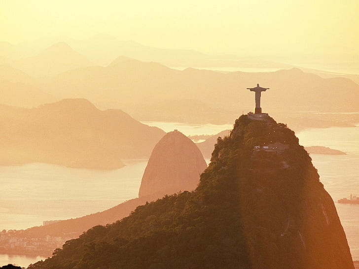 Christ the Redeemer, Rio de Janeiro, Brazil, sunlight, mountains