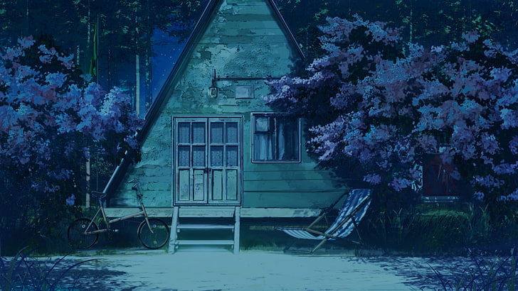 bicycle, triangle, hammocks, starry night, trees, Everlasting Summer, HD wallpaper