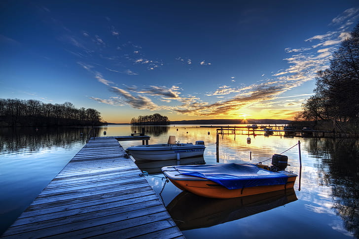 two orange and white motor boats beside brown wooden lake dock during golden hour, HD wallpaper