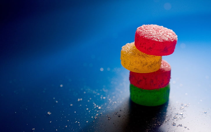 red and green plastic toy, macro, sweets, blue, multi colored, HD wallpaper