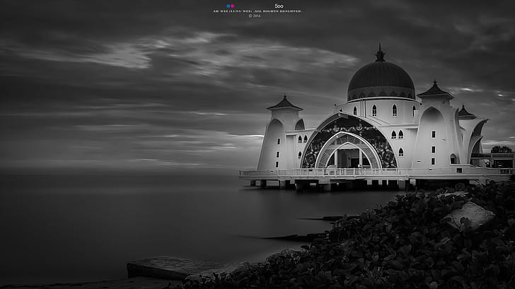 grayscale photography of Maiden's Tower, Malacca Straits Mosque, HD wallpaper