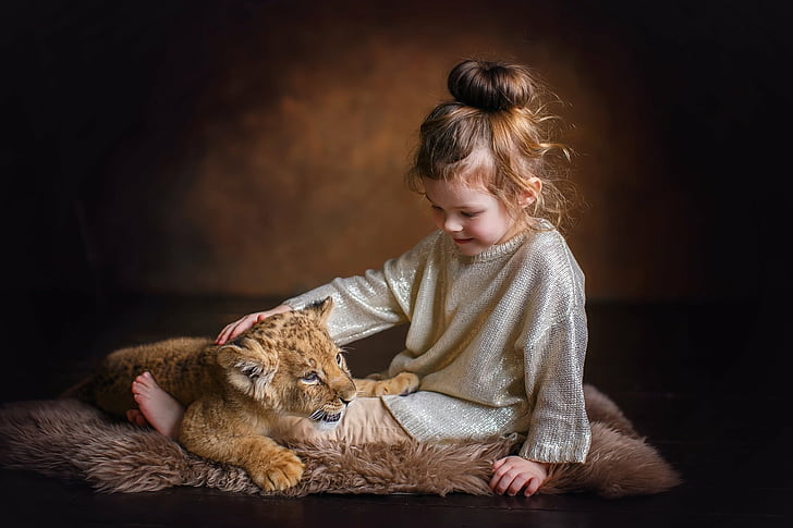 Photography, Child, Baby Animal, Cub, Cute, Girl, Lion, Little Girl, HD wallpaper