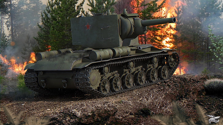 gray military tank, forest, fire, smoke, power, armor, heavy