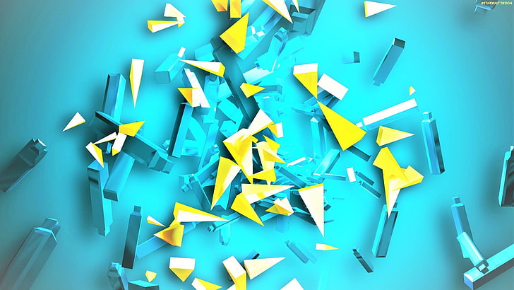 abstract, blue, yellow, shards, 3D, colorful, cyan, large group of objects