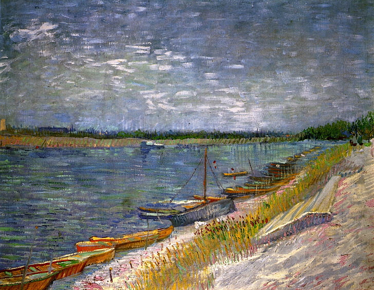 river, boats, Vincent van Gogh, with Rowing Boats, View of a River, HD wallpaper