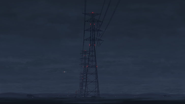 transmission tower, night, power lines, utility pole, anime, low angle view