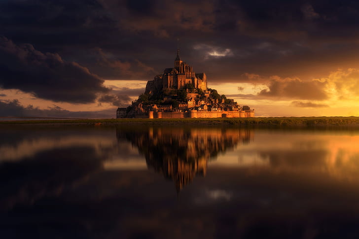clouds, castle, France, island, Mont-Saint-Michel
