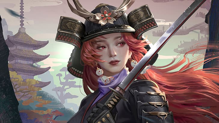 samurai, women, redhead, red eyes, warrior, katana, sword, helmet