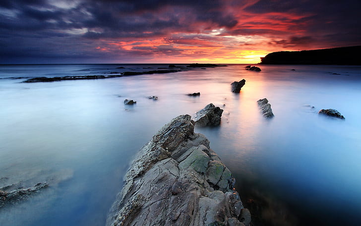 Sunrise, rocks, Collywell Bay, Northumberland, England, HD wallpaper