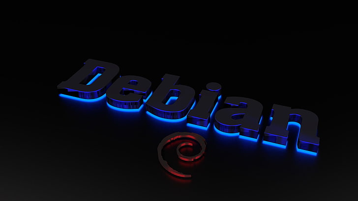 Debian light signage, Linux, illuminated, text, blue, black background