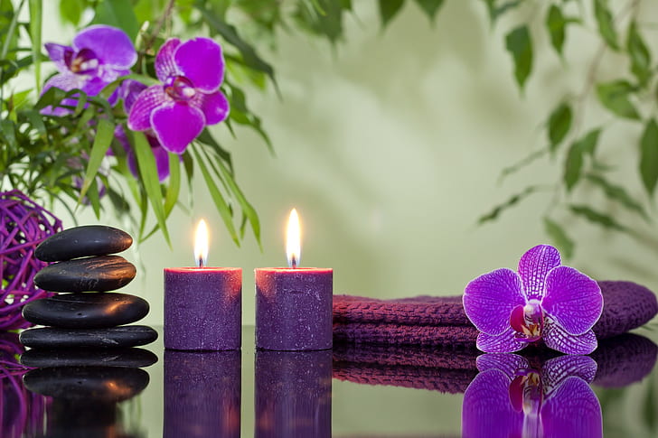 flowers, candles, orchids, Spa stones