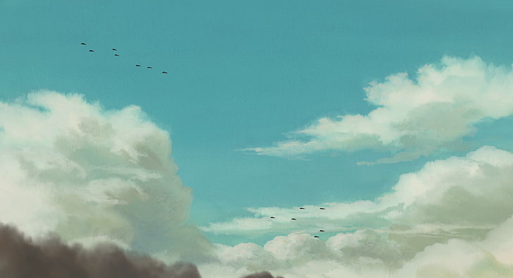 white clouds with flying small birds artwork, Studio Ghibli, Hayao Miyazaki