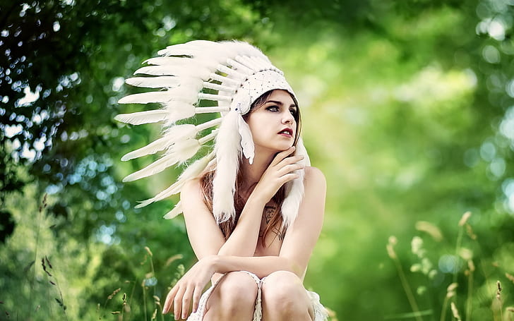 Indian style hat, feathers, girl, summer, women's white fur head dress, HD wallpaper