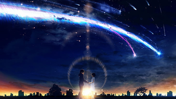 sky, clouds, meteors, Kimi no Na Wa, anime, sunset, city, artwork, HD wallpaper