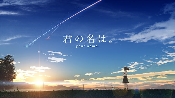 kimi no na wa, your name, mitsuha miyamizu, sky, clouds, field