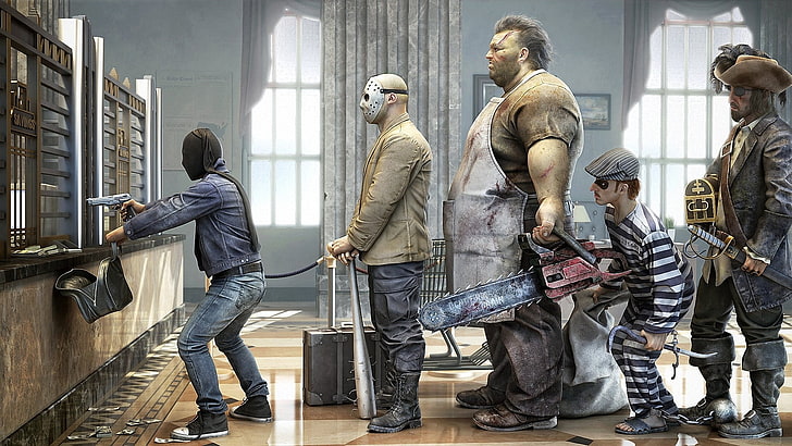 five people lining up on cashier illustration, movie scene illustration, HD wallpaper