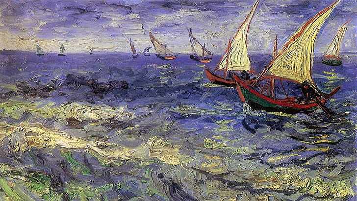 artwork, boat, Classic Art, painting, sea, Vincent Van Gogh, HD wallpaper