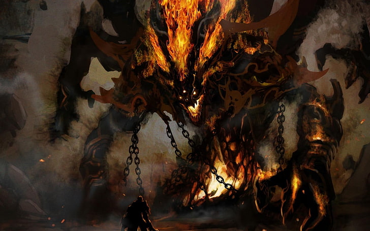 devil character digital wallpaper, demon, fire, burning, flame