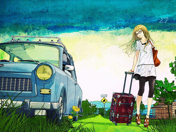 car, Trabant, sky, anime girls, original characters