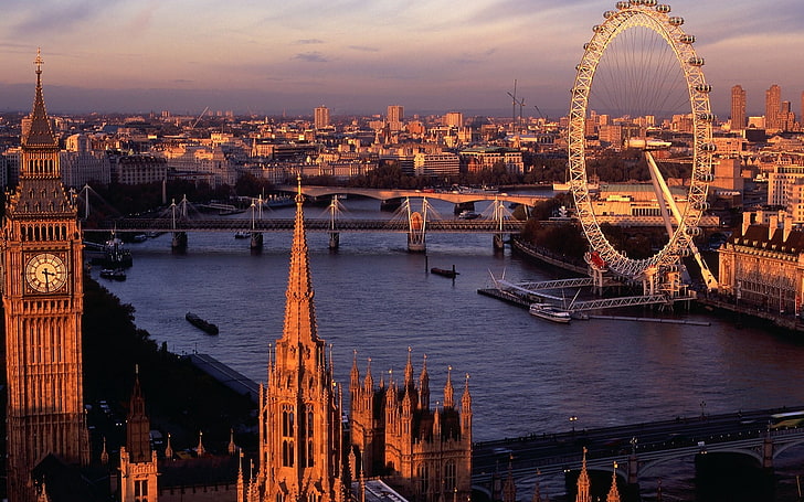 Big Ben, London, england, river, bridge, ferris wheel, famous Place, HD wallpaper