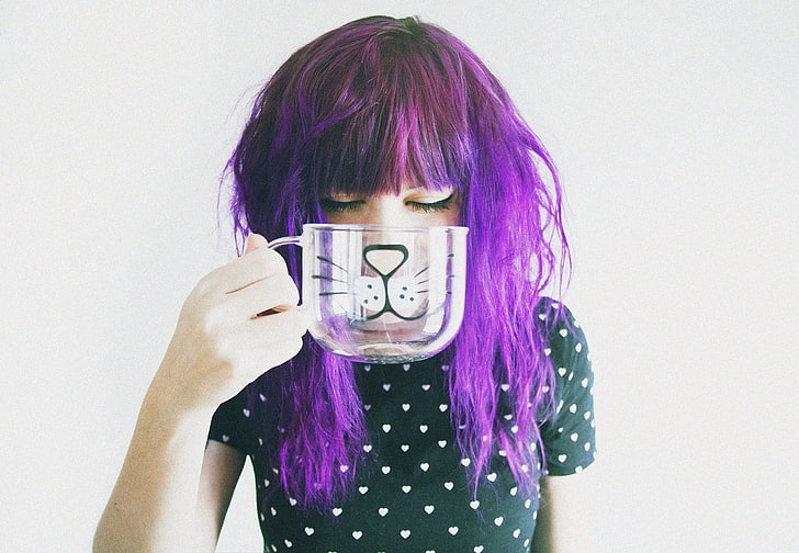 purple hair, polka dots, closed eyes, dyed hair, women, cup