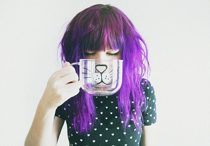 women, purple hair, dyed hair, polka dots, cup, closed eyes, HD wallpaper
