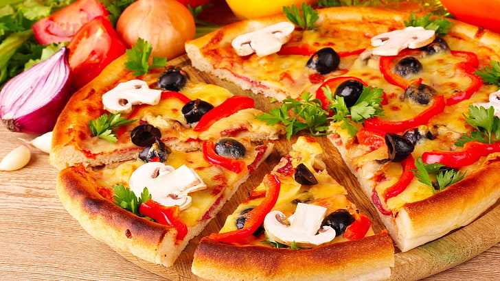 sliced pizza, food, tomatoes, red onion, food and drink, vegetable, HD wallpaper