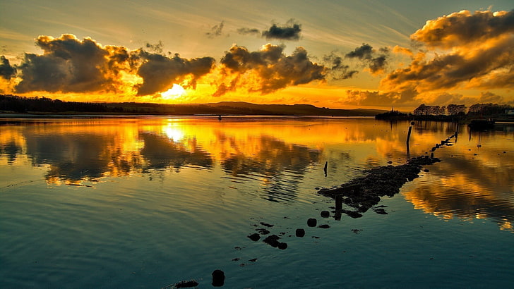 coast, sunset, reflection, water, sky, cloud - sky, beauty in nature, HD wallpaper
