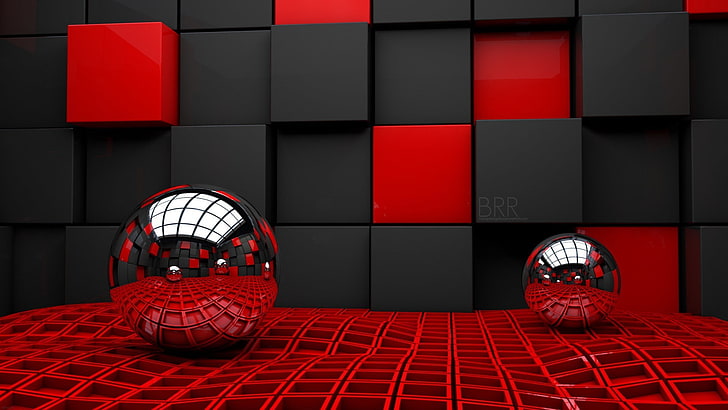 sphere, reflection, render, CGI, digital art, red, indoors, HD wallpaper