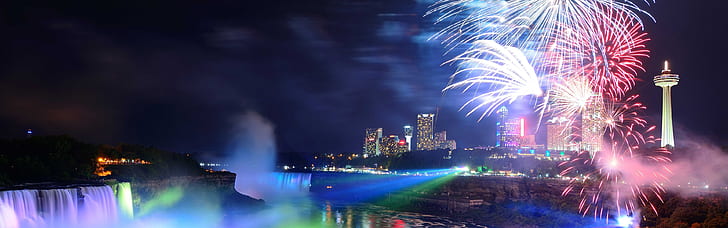 Niagara Falls, Canada, waterfalls, city night, lights, fireworks