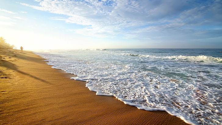 sand, ocean, beach, water, shore, coast, coastline, sky, foam