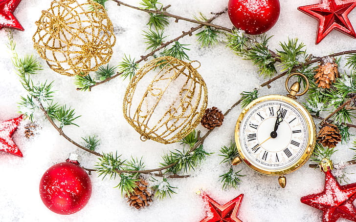 Happy New Year, Merry Christmas, ornaments, balls, winter, snow, HD wallpaper