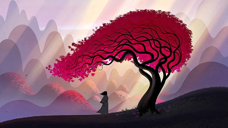 black and red tree illustration, digital art, fall, nature, mountain chain, HD wallpaper