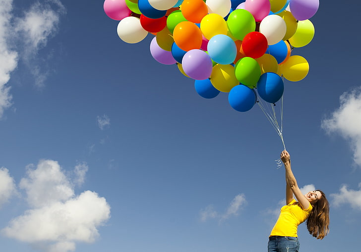 assorted-color balloons, the sky, girl, clouds, joy, positive