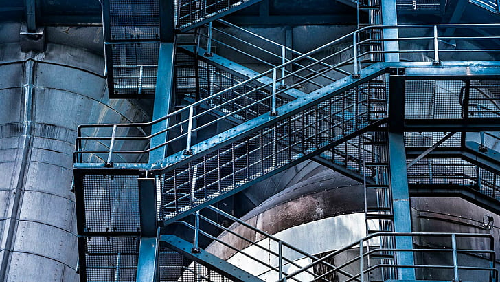 stairs, factories, building, industrial, cyan, HD wallpaper