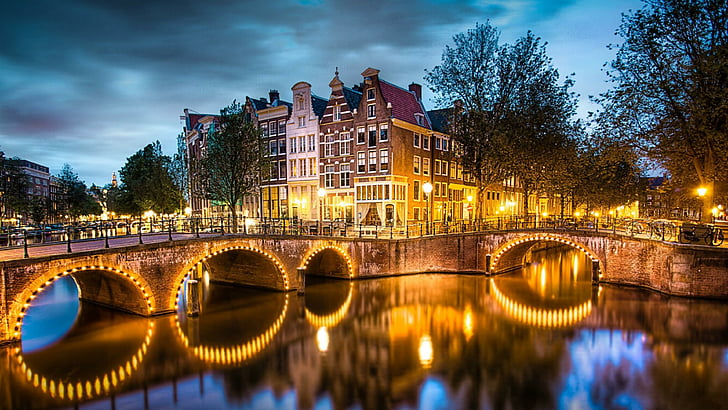 amsterdam, netherlands, europe, evening, canal, bridge, city lights
