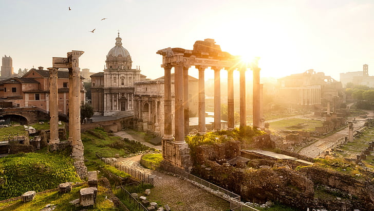 landmark ruins during golden time, Forum Romanum, Rome, Italy