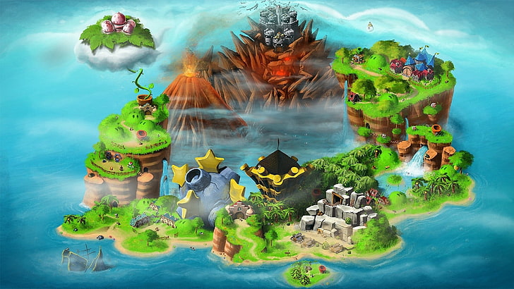 green and brown island map, Super Mario, video games, Club Nintendo, HD wallpaper