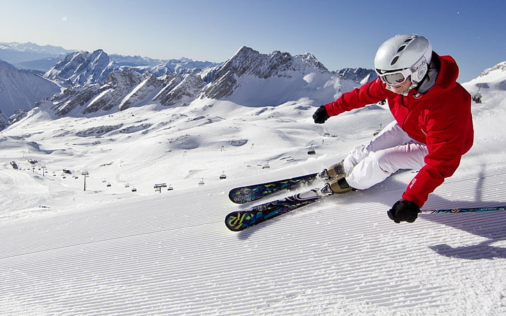 men's red jacket and white helmet, snow, mountains, blue skies, HD wallpaper