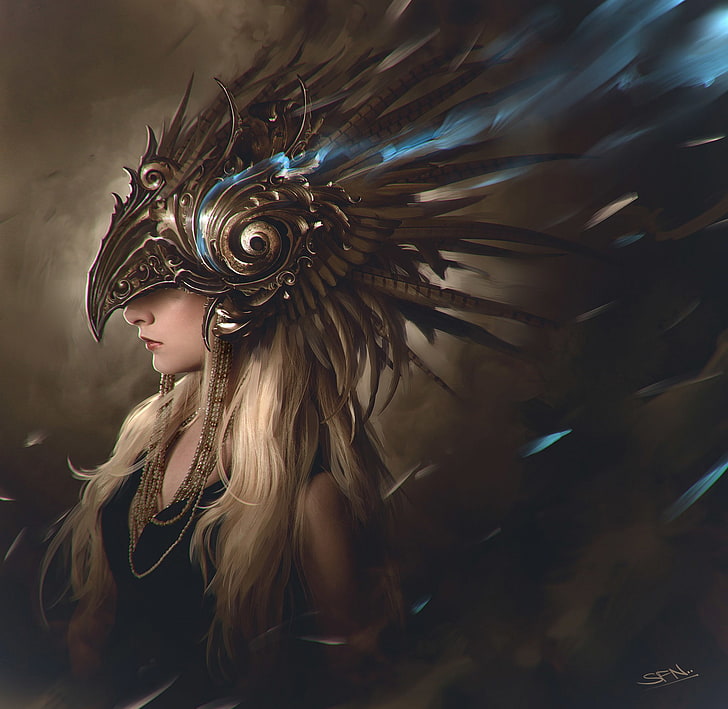 woman wearing eagle helmet digital wallpaper, women, fantasy art