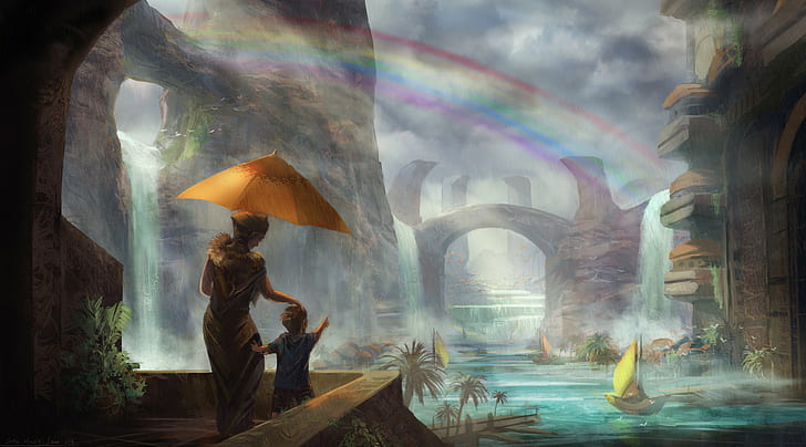 fantasy art, water, rainbows, city