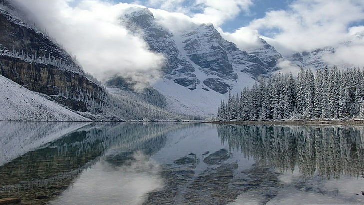 reflection, winter, moraine lake, wilderness, mountain, ten peaks, HD wallpaper